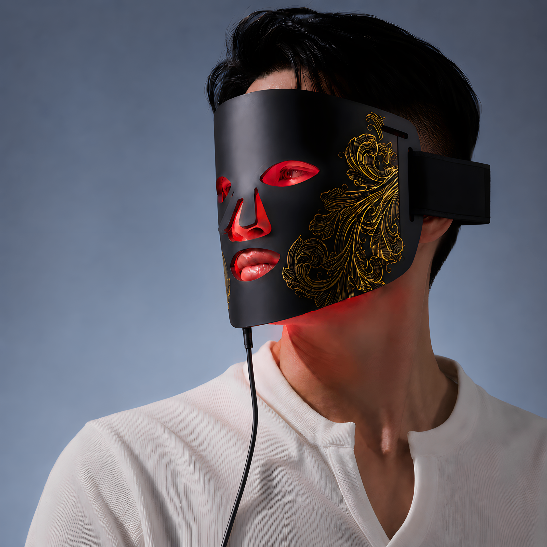 Nam giới đeo mặt nạ JBA-FACE ánh sáng đỏ trên nền sáng xanh